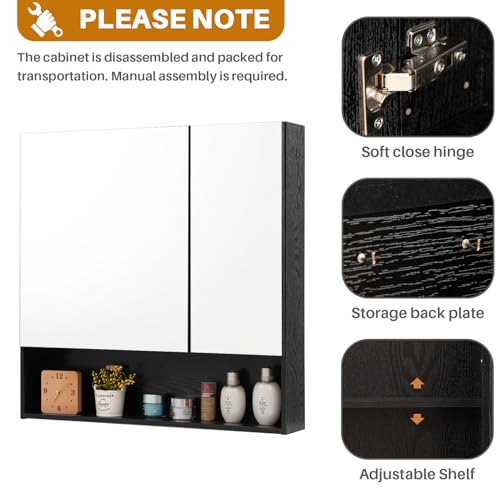 ALIMORDEN Medicine Cabinet with Mirror and Shelves, Bathroom Wall Cabinet with Jewelry Organizer, Vanity, Recessed or Surface Mount, 30.4\" L x 29.5\" H, Black