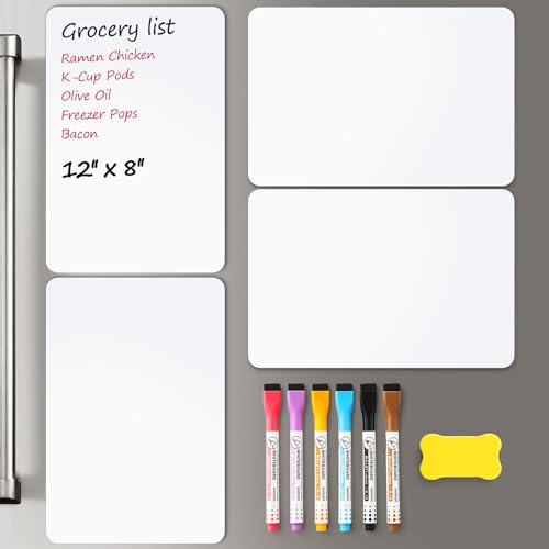 Comparison: Best Magnetic Whiteboard For Fridge 3 4 PACK Magnetic Dry Erase Board Sheet for Fridge, 12"x8" Erasable Refrigerator WhiteBoard w/ 6 Markers & 1 Eraser- Smooth and Flexible Small Magnet Blank Notepad for Home Kitchen Organizer and Planner