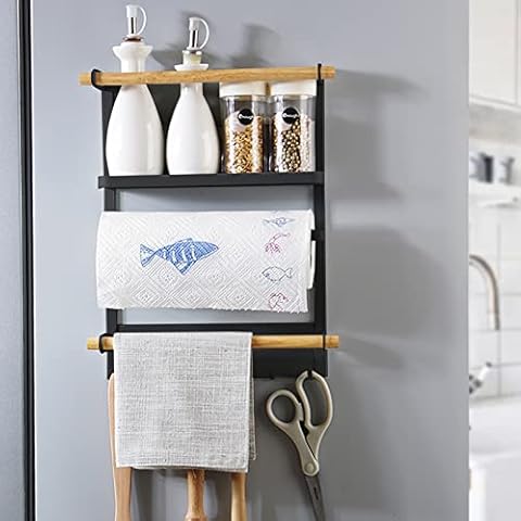 BTGGG Magnetic Spice Rack Kitchen Roll Holder Magnetic Fridge Organiser Storage Multifunctional Hanging Rack Organiser with 6 Hooks for Kitchen Refrigerator Side, Black Cover