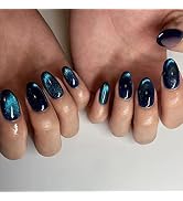 24Pcs Press on Nails Medium Fake Nails With Cat Eye Glitter Designs Full Cover False Nails Almond...