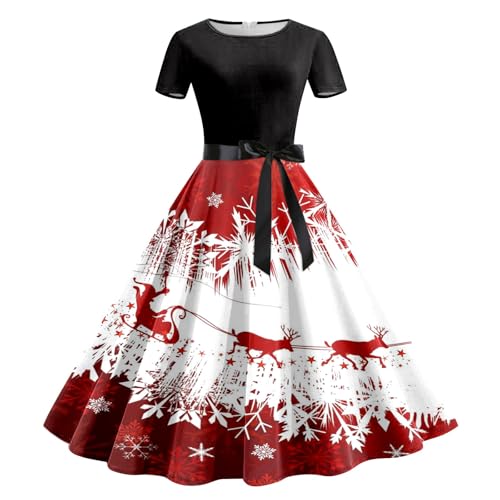 Weihnachtskleid für Damen, schick und elegant, 3D-Motiv, bedruckt, Weihnachtskleid, A-Linie, kurzärmlig, Abendkleid, schickes und glamouröses...