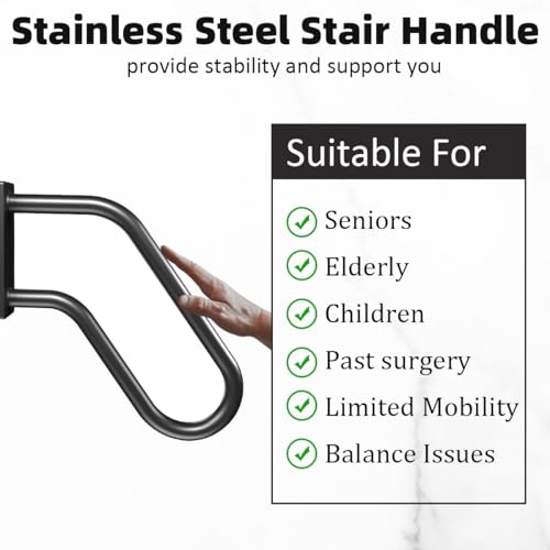 Handrails Wall Mount Stair Safety Handle Non-Slip Step Metal U-Shape Grab Yard Mounted Garage Porch Garden Hand Railings Powder Coated Heavy Duty Indoor or Outdoor Safe Bars Black for 1 to 3 Steps - Image 3