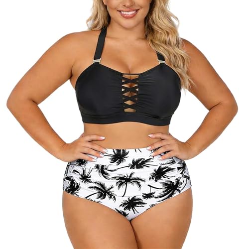 Generisch Bikini Pantalones Mujer Negro Elegante Tankini de dos Piezas Conjunto con Bragas de Corte Alto Fruncido Para Vacaciones en la Playa Piscina Traje de Baño Bikini Abdomen Tallas Grandes Push