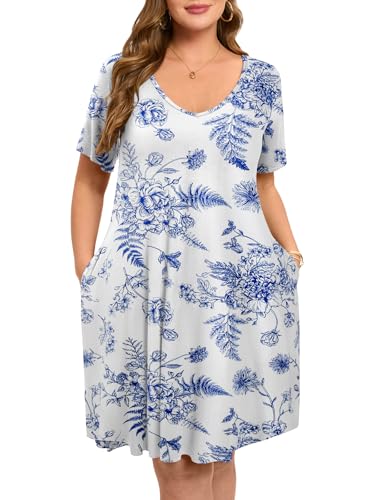 Image of ZENNILO Women's Plus Size Swing Dress with Pockets Casual Summer Dresses V Neck Short Sleeve T Shirt Dress for Women
