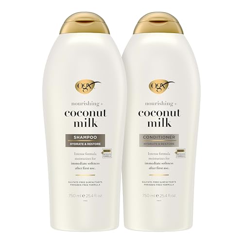 Image of OGX Shampoo and Conditioner Set, Nourishing + Coconut Milk, Shampoo and Conditioner for Moisturizing & Strengthening Hair Care, Formulated without Sulfated Surfactants, 25.4 FL OZ, 2 Pack