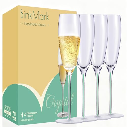 BinkMark Champagne Flutes Set of 4, 8 oz, Hand Blown