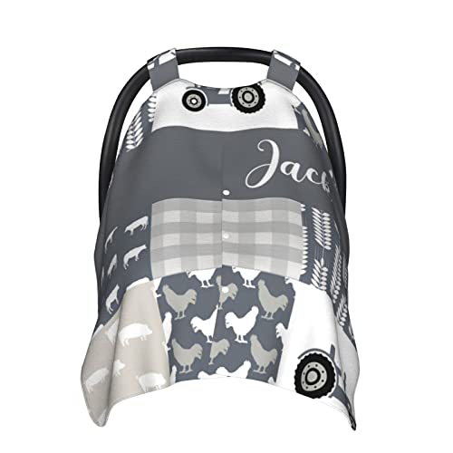 Personalized Baby Car Seat Canopy for Babies with Name, Custom Car Seat Covers for Boys and Girls, Infant Opening Minky Nursing Breastfeeding Stroller Cover Carseat Canopies for Newborn (Farm Theme)