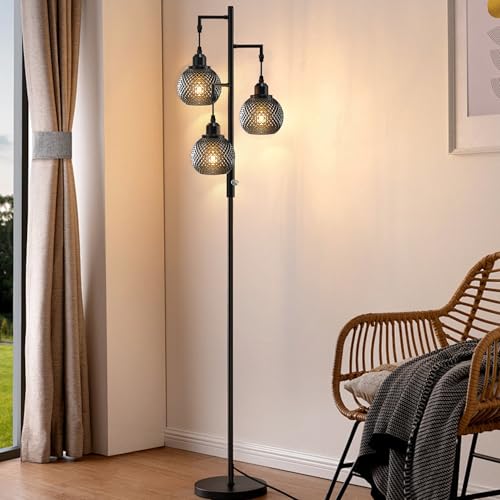 Image of QiMH Modern Glass Floor Lamps for Living Room, 3 Lights Standing Lamp, Grey