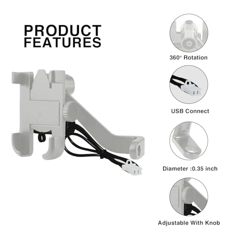 Image of HUMBLE Mobile Phone Holder with USB Charger Waterproof Easy Adjustable Rear View Mirror Mount Solid Metal Cradle Stand Suitable for Bike & Mobile Phones 3.5 inch to 7.0 inch (Silver)