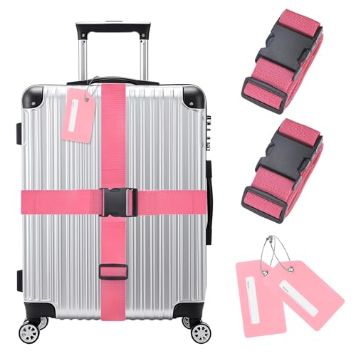 Image of M METERXITY 2-Sets Luggage Straps TSA Approved, Travel Straps for Luggage Suitcase Tags Set, Adjustable Suitcase Belt [Pink]