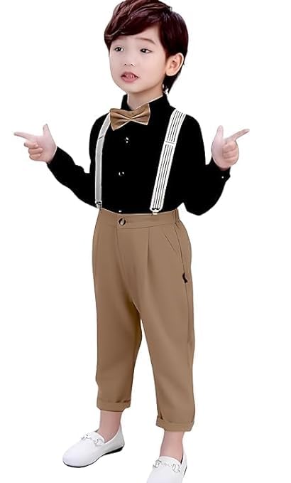 Image of SAGAR IMPEX Boys Cotton Blend Solid Full Sleeves Shirt and Pant Set with Suspender and Bow Tie | Clothing Set for Boys