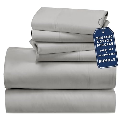 California Design Den Bedding Bundle - Queen Sheet Set with 4 Pillowcases, 100% Organic Cotton Percale (Light Grey) - image 1