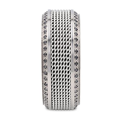 Thorsten Gauntlet | Titanium Rings for Men | Lightweight Titanium | Comfort Fit | Steel Chain Titanium Wedding Ring Polished Beveled Edges Set with Round Black Diamonds - 10 mm3