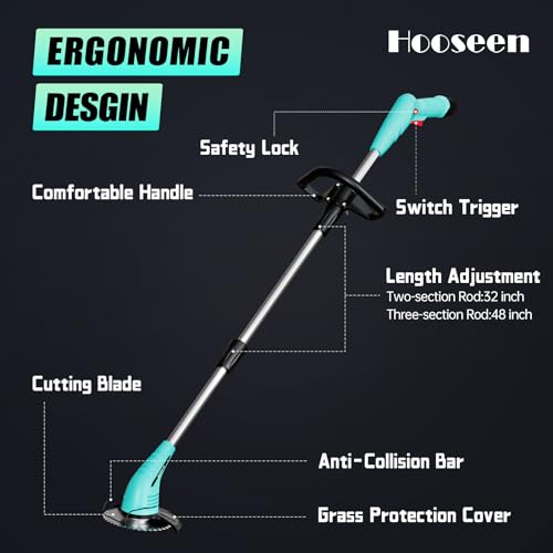Cordless Lawn Trimmer Weed Wacker - HooSeen 12V Grass Trimmer Weed Cutter with 3 Types Blades, Hand Weeder, 2.0Ah Li-ion Battery Powered Weed Trimmer Grass Cutter for Garden and Yard - Thumbnail 6