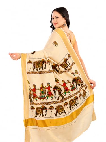 Image of Women's Kerala Tissue Plain Saree with Running Blouse| Onam & Vishu Kani Special | Traditional Kasavu White Colour