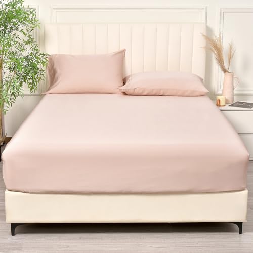 PHF 100% Rayon Derived from Bamboo Fitted Sheet King Size, 16" Deep Pocket,2.5cm Wider Strong Elastic Easy Fit, Breathable Silky Soft Skin-Friendly for Hot Sleeper,78"x 80",Peach Blush,No Pillowcases