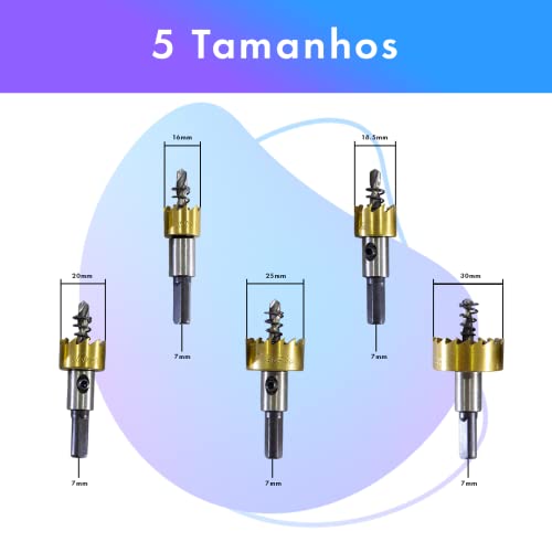 Kit Brocas Serra Copo - Jogo de Broca com 5 Peças em Aço Rápido para Furadeira - Fura Madeira, Concr