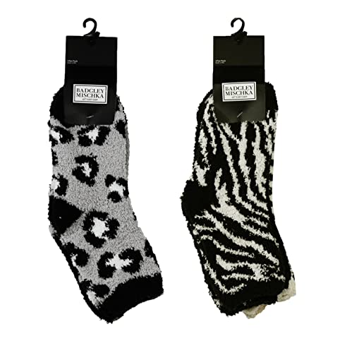 Badgley Mischka Ladies Classic Cozy Soft Plush Slipper Crew Socks, Animal Print Cheetah & Zebra, Black/Grey, One Size, Pack Of 6 #TOP1
