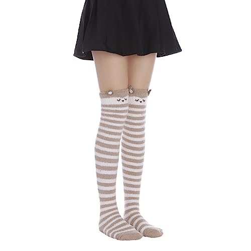 Image of Thigh High Fuzzy Socks Cute Animal Coral Fleece Over the Knee Thigh High Long Stockings Warm Stripe