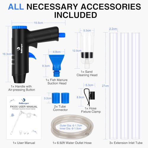 fishkeeper Mulmsauger Aquarium, 4 in 1 Starke Aquarium Sauger Einstellbarer Aquarium Reinigungsset，Herausnehmbarer Bodenreiniger gegen Verstopfung für Wasserwechsel Sandreinigung und Wasserumwälzung