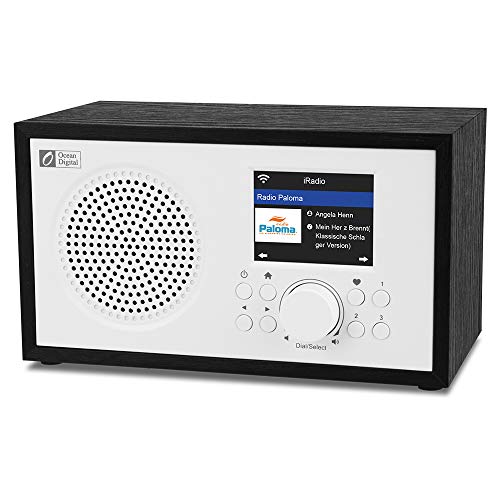 Ocean Digital Radio Internet WiFi WR100F Radio Numérique FM avec Haut-Parleur Bluetooth et Radio Veille, Aux in, 26000+ Poste, Écran Couleur 2,4", APP Airmusic Control, Boîtier en Bois(Noir + Blanc)