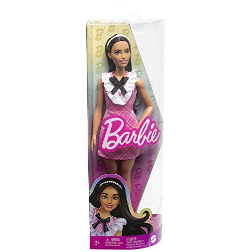 Image of Barbie Fashionistas Doll #209 with Black Hair Wearing a Pink Plaid Dress, Pearlescent Headband and Strappy Heels