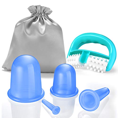 QUNHUI Silicone Cupping Set,Facial and Body Massage Vacuum Cupping Therapy Set for Cellulite Treatment and Muscle Relaxation(Blue 4Pcs Silicone Cups + Massage Roller)