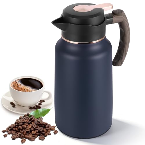 Thermal Coffee Pot, Double-Walled Vacuum Thermos Jug Stainless Steel Thermal Coffee Carafe 2l, One-Touch Lid Insulated Teapot for Hot and Cold Drinks Tea Beverage, Navy Blue