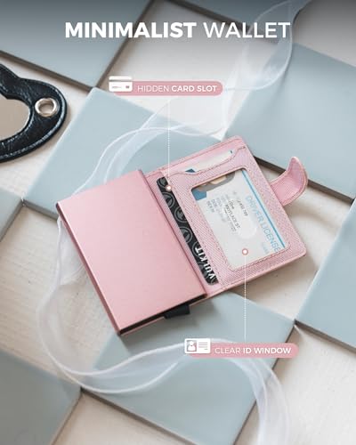 Image of VULKIT Slim Bifold Pop up Wallet Minimalist Leather Card Holder RFID Blocking Metal Card Case with ID Window for Women | with Leather Slots