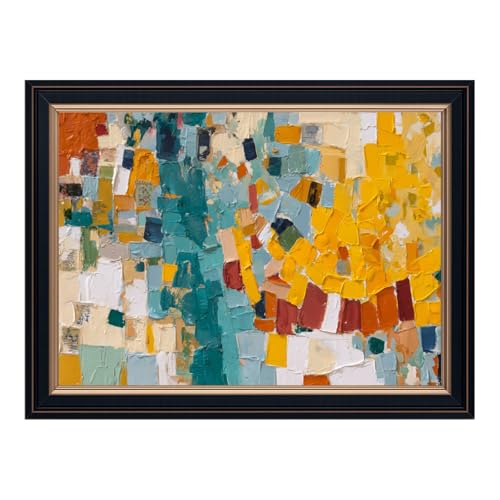 Large Black Framed Bold Abstract Mosaic Canvas Wall Art Vibrant Color Patchwork Impasto Oil Painting Poster Bold Colorful Block Geometric TV Artwork Prints Picture for Modern Home Decor 24x36inch