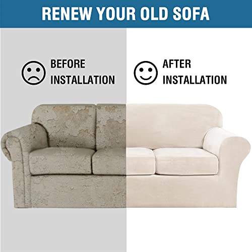 H.versailtex Modern Velvet Plush 4 Piece High Stretch Sofa Slipcover Sofa Cover Furniture Protector Form Fit Luxury Thick Velvet Sofa Cover For 3 Cushion Couch, Machine Washable (Sofa,Ivory) #TOP4