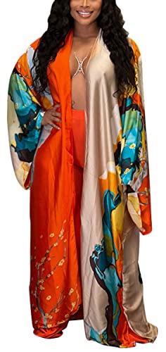 Image of Hostoyo Women Maxi Satin Robe Kimono Cardigan Plus Size Floral Print Open Front Long Sleeve Casual Outwear Cover Up One Size