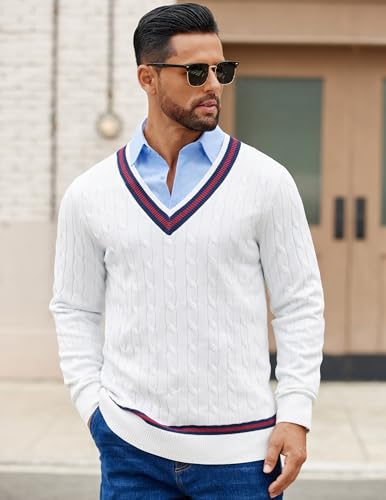 COOFANDY Mens V Neck Sweater Long Sleeve Cable Knit Sweater Fall Winter Pullover Slim Fit Stretchy Fabric Preppy Style2