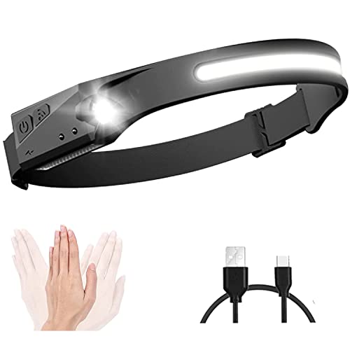 LED Rechargeable Headlamp,1 Pack LED Head Light,230° Wide Beam Headlamp with Motion Sensor,350 Lumen,5 Mode,1200mAh 2.4oz Lightweight Waterproof Hard Hat Light with 8 Clips for Outdoor Running,Camping