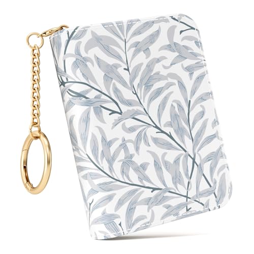 Image of Credit Card Holder RFID Wallet for Women, Small Leather Card Organizer Case with Zipper and Keychain, Gray Leaf