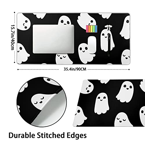 Image of Halloween Cute Ghost Mouse Pad Kawaii Cartoon Spooky Funny Spirit Extended Desk Mat Non-Slip Rubber Base Stitched Edge Large XXL Black White Mousepad for Gaming Laptop Computer Desktop 35.4x15.7 in