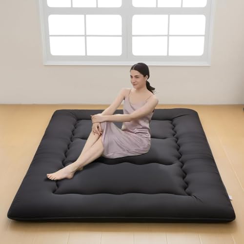 Japanese Futon Mattress, Foldable Floor Bed, 27D High Density Foam, Easy Clean Portable with Straps for Camping Guest Bed Dorm Home, Tatami Mat (Black-Twin)