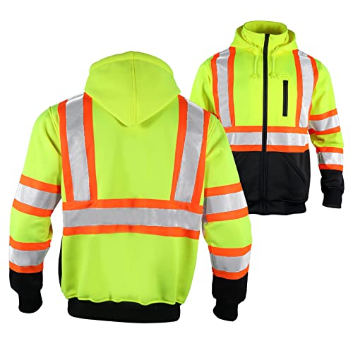 Fonirra Safety Sweatshirt For Men High Visibility Reflective Ansi Class 3 Full Zip Detachable Hoodie Sweater Fleece Brushed Black Bottom Thermal(Yellow,L) #TOP1