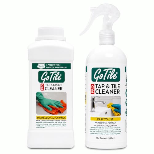 Image of GoTile Pro Cleaning Combo | Tile & Grout Cleaner 500ML + Tap & Tile Cleaner Spray 500ml | Removes Hard Water Stains, Cement Residue, Limescale & Soap Scum