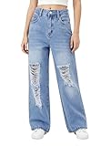 PATPAT Baggy Girls Jeans Wide Leg Denim Pants Ripped High Waist Elastic Y2K Trendy Jeans for Teens with Pockets Blue 9-10Y