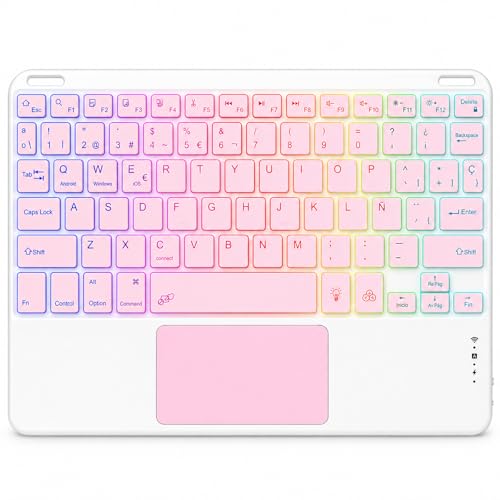 Teclado Bluetooth con Touchpad para iPad,Teclado Inalámbrico Retroiluminado para Tablets,Android,iOS y Windows,Teclado con 7 Colores Recargable Portátil QWERTY Español Ñ para iPad,Samsung,Huawei