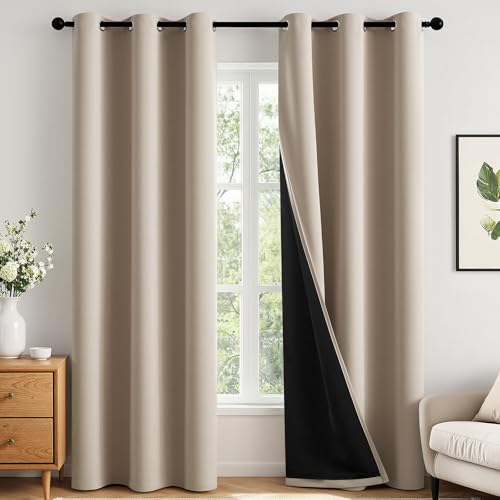Image of MIULEE Taupe 100% Blackout Curtains for Bedroom 90 Inch Long 2 Panels Set | 2 Thick Layers Thermal Insulated Window Curtains with Black Liner, Noise Reducing Grommet, Drapes for Living Room
