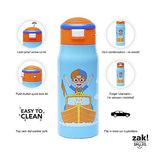 Zak Designs Blippi Kids Water Bottle For School Or Travel, 13.5Oz Durable, Vacuum Insulated Stainless Steel With Handle And Leak-Proof, Pop-Up Spout Cover (Blippi) #TOP3