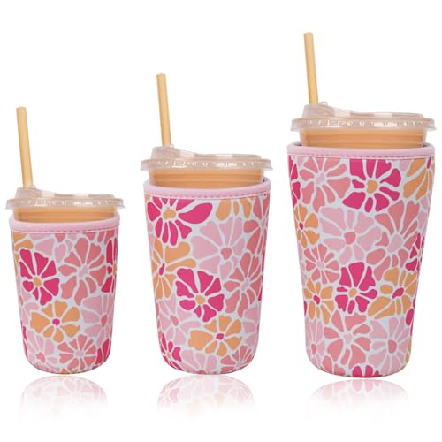 Image of Reusable Insulated Neoprene Iced Coffee Cup Sleeve, Durable Drink Sleeve for Cold Beverages, Beverage Holder for Iced Coffee (Blush Petals)