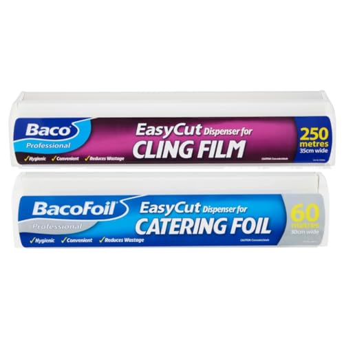 Professional Easy Cut Cling Film 250m x 35cm & Aluminium Tin Foil Dispenser 60m x 30cm | Easycut Film & Foil Great for Catering and Easy Use at Home