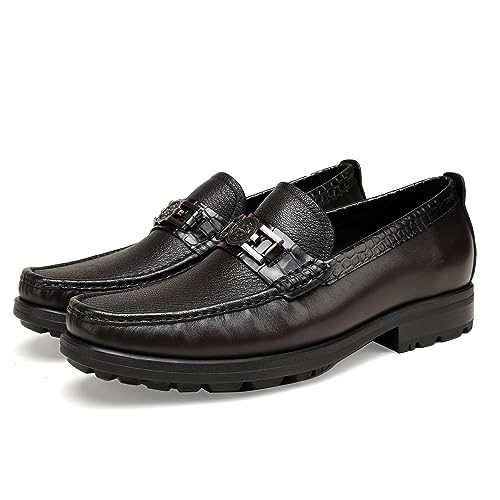 Image of Mens Leather Penny Loafers, Classic Crocodile Printed Business Dress Shoes with Metal Buckle Slip on Penny Shoes for Mens