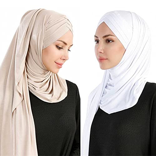 Women 2PCS Set Jersey Hijab Lightweight Soft Solid Color Instant Hijab Shawls and Wraps Muslim Stretch Head Scarf