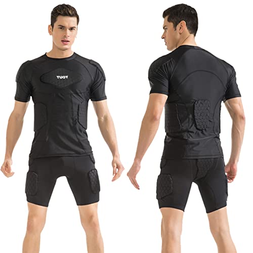 Men Padded Compression Shirt Sports Short Sleeve Protective T-Shirt Shoulder Rib Chest Back Protector Pads Shirt For Adult Football Basketball Paintball Rugby Training (X-Large, Black) #TOP2
