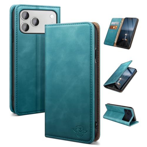 Étui en cuir premium pour iPhone 17 Pro avec protection RFID et clapet bleu