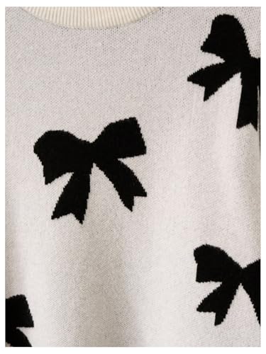 Image of BEAUDRM Girl's Cute Bow Sweater Crew Neck Long Sleeve Drop Shoulder Loose Pullover Tops